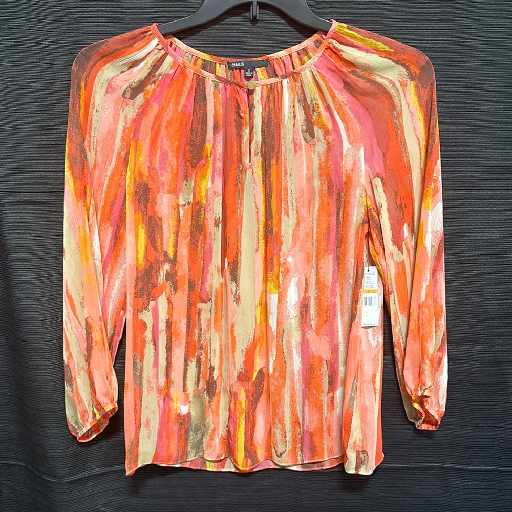 Chaus brand women’s Long Sleeve Mesh Orange Blouse / Size S / box 12-29